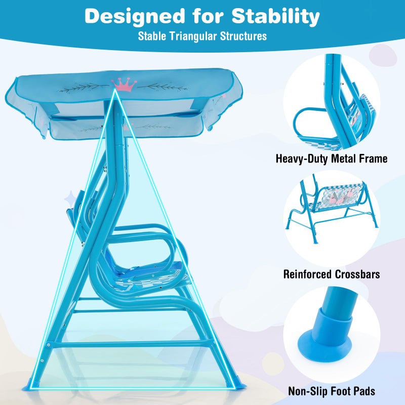 HONEY JOY Kids Patio Swing, 2-Seater Outdoor Porch Swing Lounge Chair, Adjustable Canopy & Safety Belt, All Weather Resistant Waterproof Hanging Swing Bench for Garden Poolside Balcony(Blue Flamingo) - Image 4