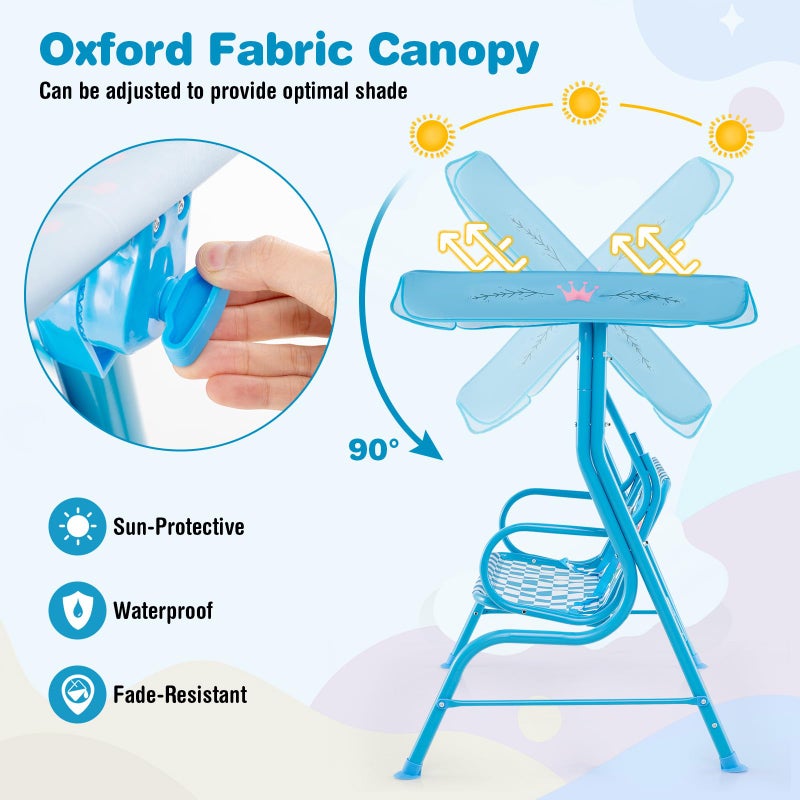 HONEY JOY Kids Patio Swing, 2-Seater Outdoor Porch Swing Lounge Chair, Adjustable Canopy & Safety Belt, All Weather Resistant Waterproof Hanging Swing Bench for Garden Poolside Balcony(Blue Flamingo) - Image 2