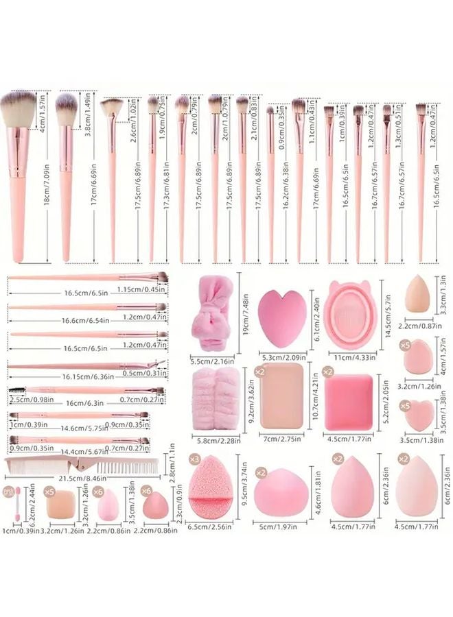 101 قطعة مجموعة أدوات مكياج وردية مع 20 فرشاة، 30 عود ظل عيون، بيض تجميل، ووسادات بودرة - Image 5