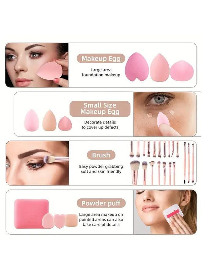 101 قطعة مجموعة أدوات مكياج وردية مع 20 فرشاة، 30 عود ظل عيون، بيض تجميل، ووسادات بودرة - Image 3