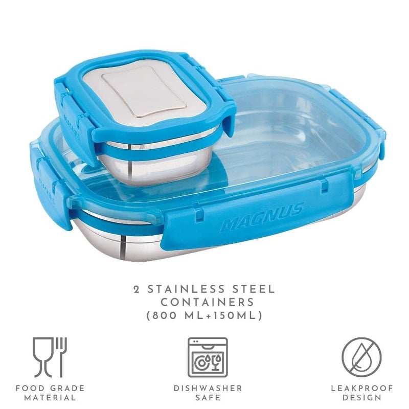 Magnus Magnus Bolt Classic Rectangular Leakproof Lunch Box for School & Office (800 ml + 150 ml)(Outer Steel and Inside Plastic Lid) - Image 2
