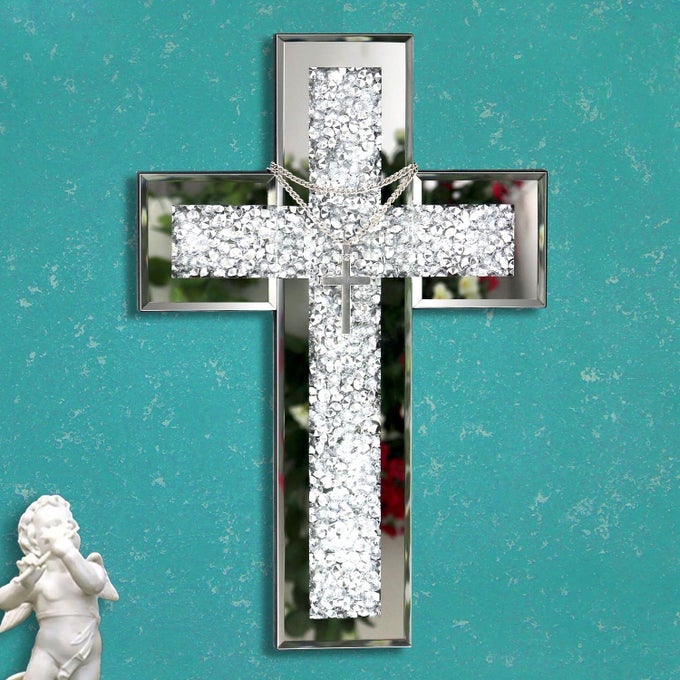 MIRRORED CROSS WALL DECOR CRUSHED DIAMOND CRYSTAL GLASS RELIGIOUS WALL ART SMALL