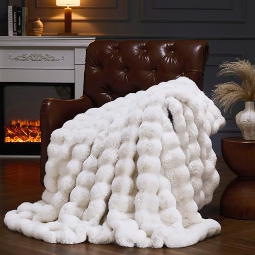 PLUUSHUU Faux Fur Throw Blanket for Couch Fluffy Fuzzy Plush Bubble Blanket Soft Warm Cozy Shaggy Rabbit Blanket Luxury Decorative Gifts for Sofa Bedroom Living Room 60x80inch Beige