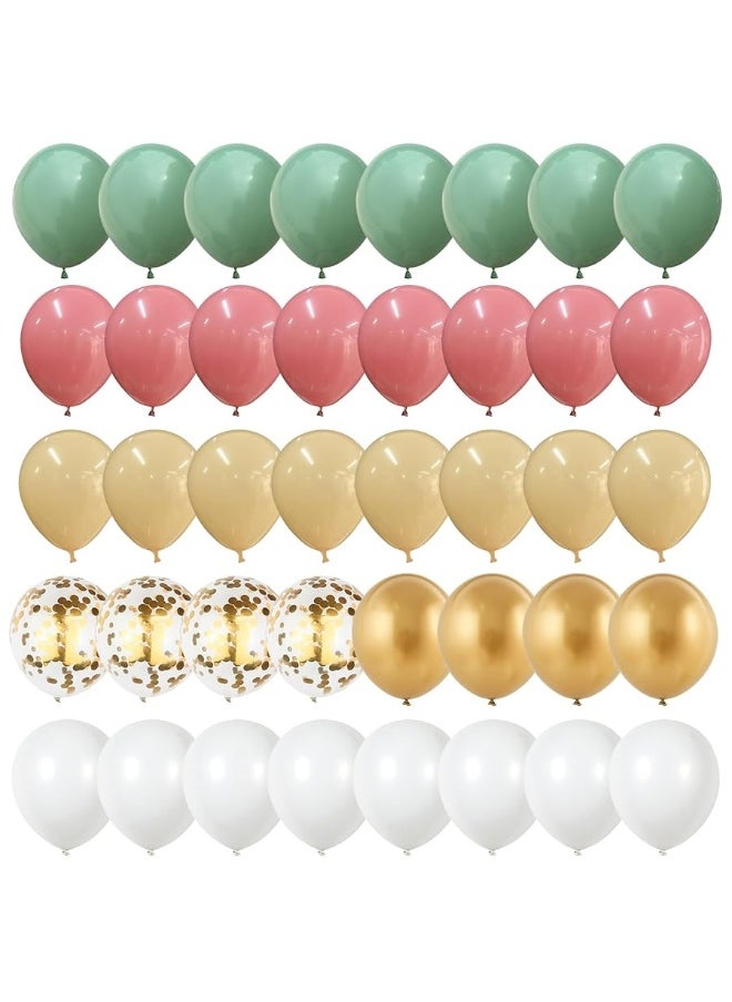 Isndare - Retro Green Pink Balloons, 35pcs Sage Green Dusty Pink Metallic Gold Latex Balloons Set, Olive Green Pink White Gold Confetti Balloons for Girls Jungle Birthday Baby Shower Wedding Party Decoration - Image 1
