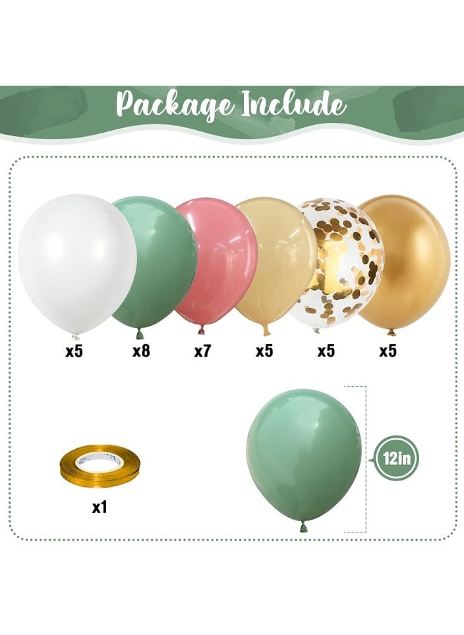 Isndare - Retro Green Pink Balloons, 35pcs Sage Green Dusty Pink Metallic Gold Latex Balloons Set, Olive Green Pink White Gold Confetti Balloons for Girls Jungle Birthday Baby Shower Wedding Party Decoration - Image 1