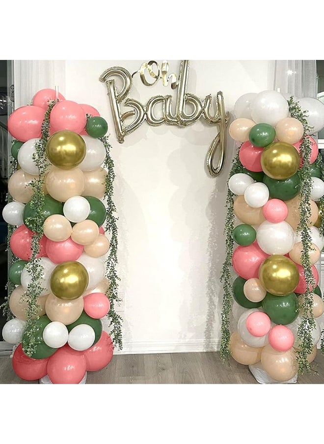 Isndare - Retro Green Pink Balloons, 35pcs Sage Green Dusty Pink Metallic Gold Latex Balloons Set, Olive Green Pink White Gold Confetti Balloons for Girls Jungle Birthday Baby Shower Wedding Party Decoration - Image 1