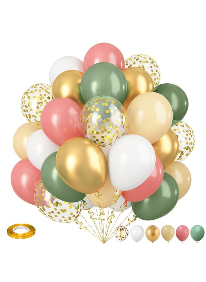 Isndare - Retro Green Pink Balloons, 35pcs Sage Green Dusty Pink Metallic Gold Latex Balloons Set, Olive Green Pink White Gold Confetti Balloons for Girls Jungle Birthday Baby Shower Wedding Party Decoration - Image 1