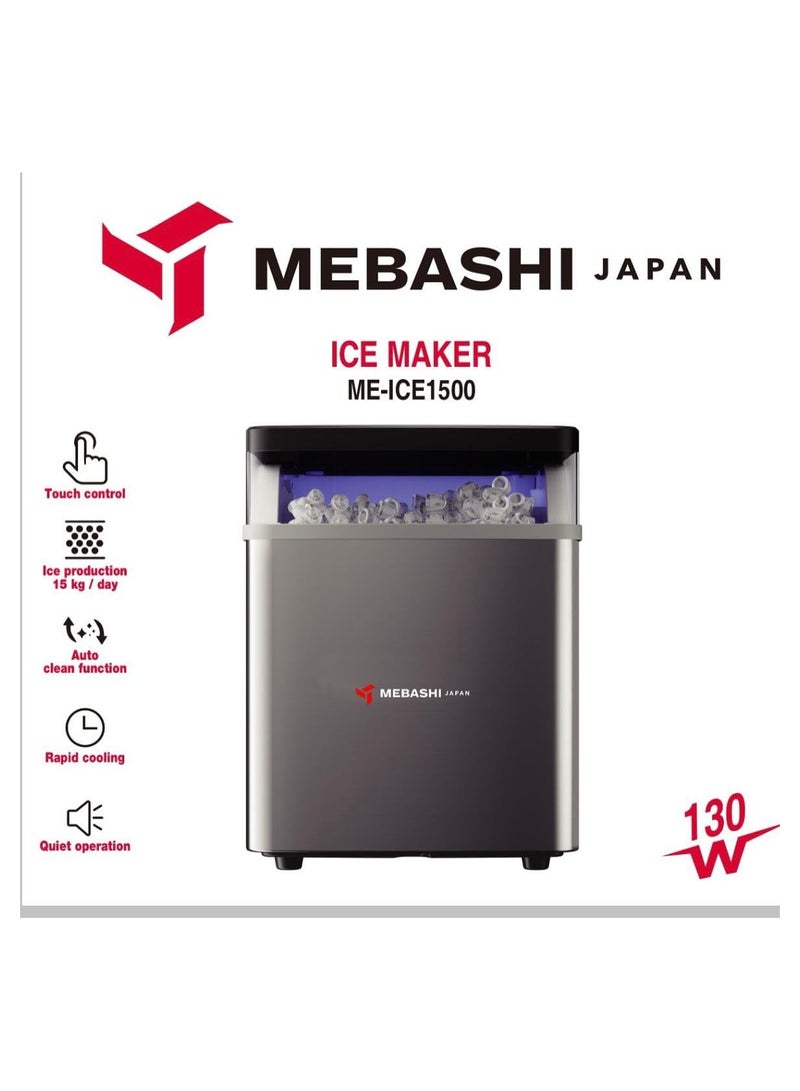 ميباشي Mebashi Countertop Ice Cube Maker Auto-Cleaning Machine for Kitchen, Office, Bar & Party - Fast 9 Ice Cubes in 6-8 Mins, 15kg/24H, Adjustable Ice Size, 1.5L Water Tank, Smart Alert ME-ICE1500(Silver) - Image 2