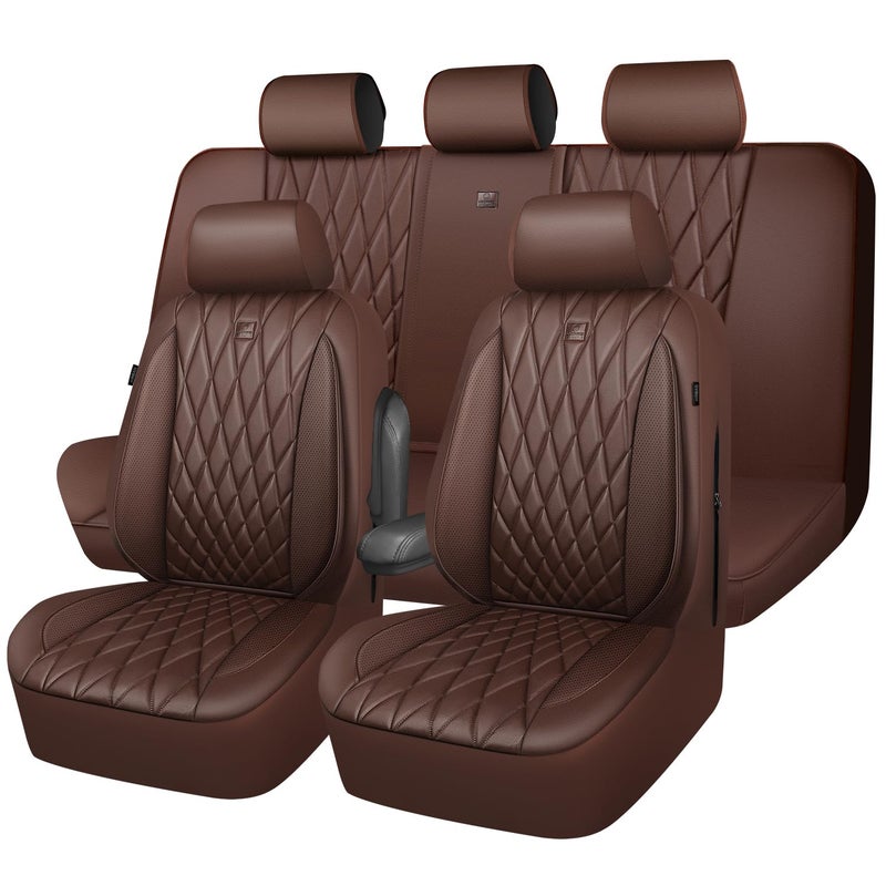 CAR PASS Piping Luxury Faux Leather Seat Covers Full Set, 5 Seats Anti-Slip Waterproof Seat Covers Compatible with Front Armrests, Universal Fit for Suvs,Vans,Trucks,Airbag Compatible, Pure Brown - Image 1