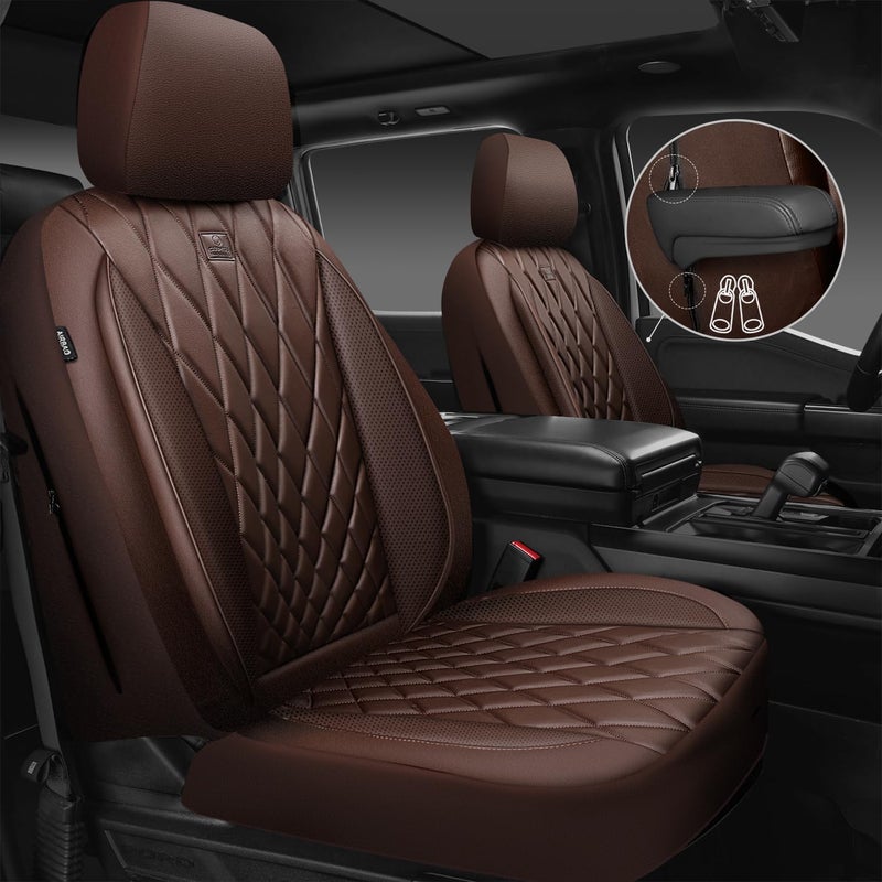 CAR PASS Piping Luxury Faux Leather Seat Covers Full Set, 5 Seats Anti-Slip Waterproof Seat Covers Compatible with Front Armrests, Universal Fit for Suvs,Vans,Trucks,Airbag Compatible, Pure Brown - Image 2