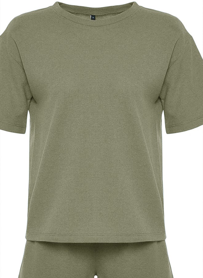 Khaki Waffle Fabric Knitted Pajama Set with Shorts