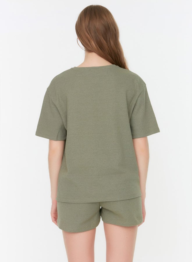 trendyol Khaki Waffle Fabric Knitted Pajama Set with Shorts - Image 4