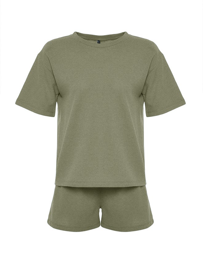 trendyol Khaki Waffle Fabric Knitted Pajama Set with Shorts - Image 5