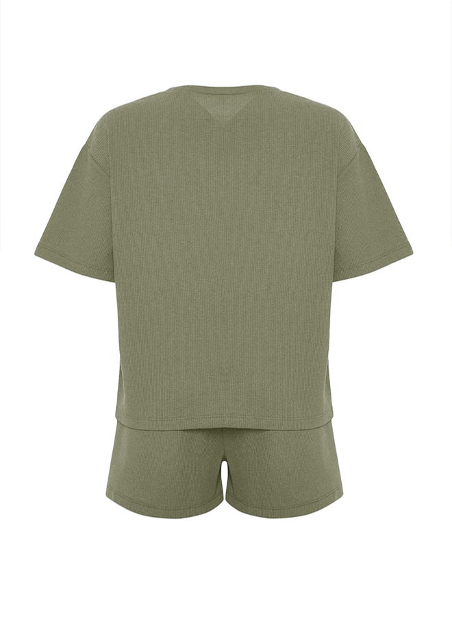 Khaki Waffle Fabric Knitted Pajama Set with Shorts
