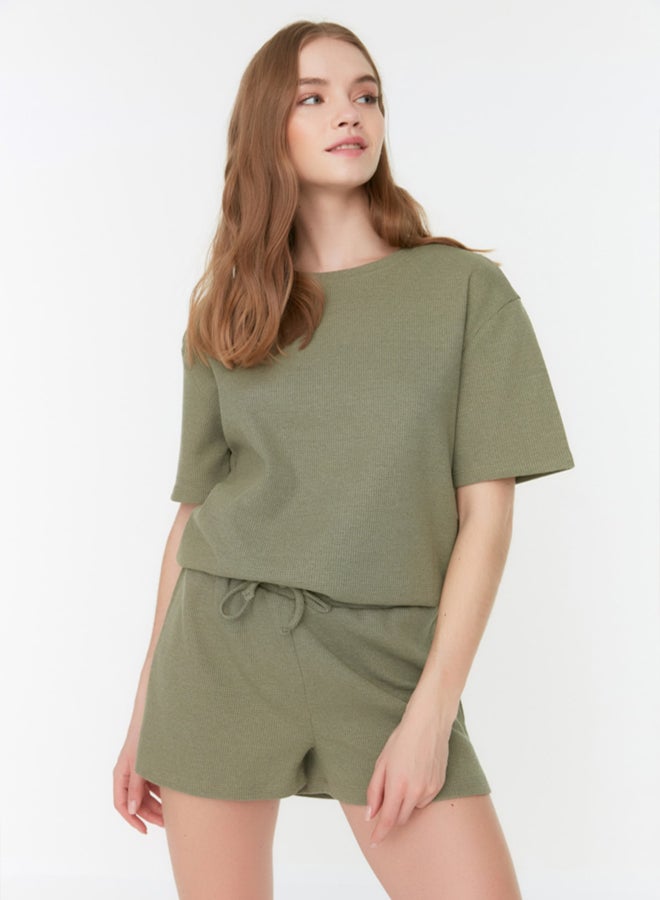 trendyol Khaki Waffle Fabric Knitted Pajama Set with Shorts - Image 2