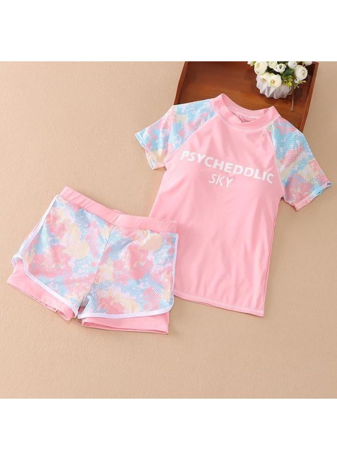 Generic Girls Summer Fashion Swimsuit Mesh Camouflage Color Split Sports Big Kids Swimsuit Suit Boys-Color:Pink Package 1 [high Elastic Fabric Swimsuit + Swimming Trunks]-Size:100  - Image 1