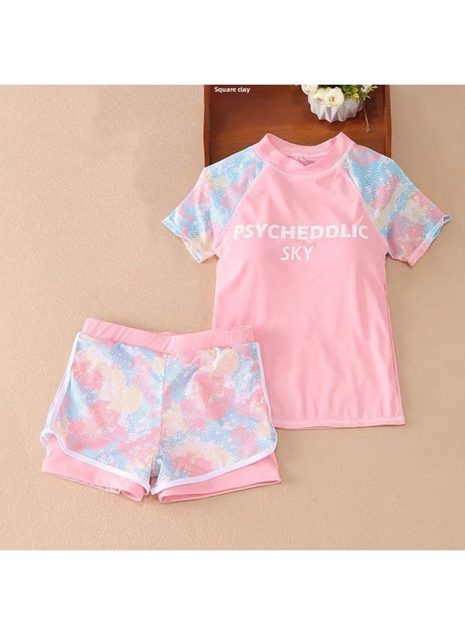 Generic Girls Summer Fashion Swimsuit Mesh Camouflage Color Split Sports Big Kids Swimsuit Suit Boys-Color:Pink Package 1 [high Elastic Fabric Swimsuit + Swimming Trunks]-Size:100  - Image 3