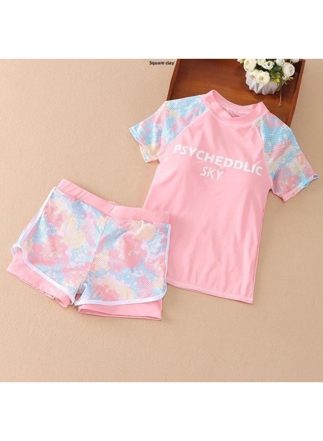 Generic Girls Summer Fashion Swimsuit Mesh Camouflage Color Split Sports Big Kids Swimsuit Suit Boys-Color:Pink Package 1 [high Elastic Fabric Swimsuit + Swimming Trunks]-Size:100  - Image 4