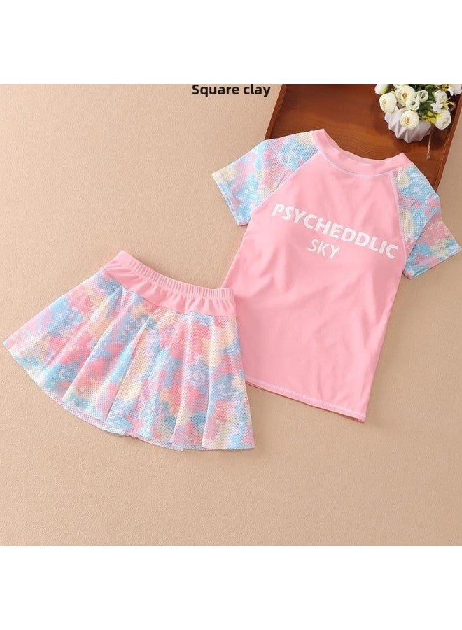 Generic Girls Summer Fashion Swimsuit Mesh Camouflage Color Split Sports Big Kids Swimsuit Suit Boys-Color:Pink Package 1 [high Elastic Fabric Swimsuit + Swimming Trunks]-Size:100  - Image 5