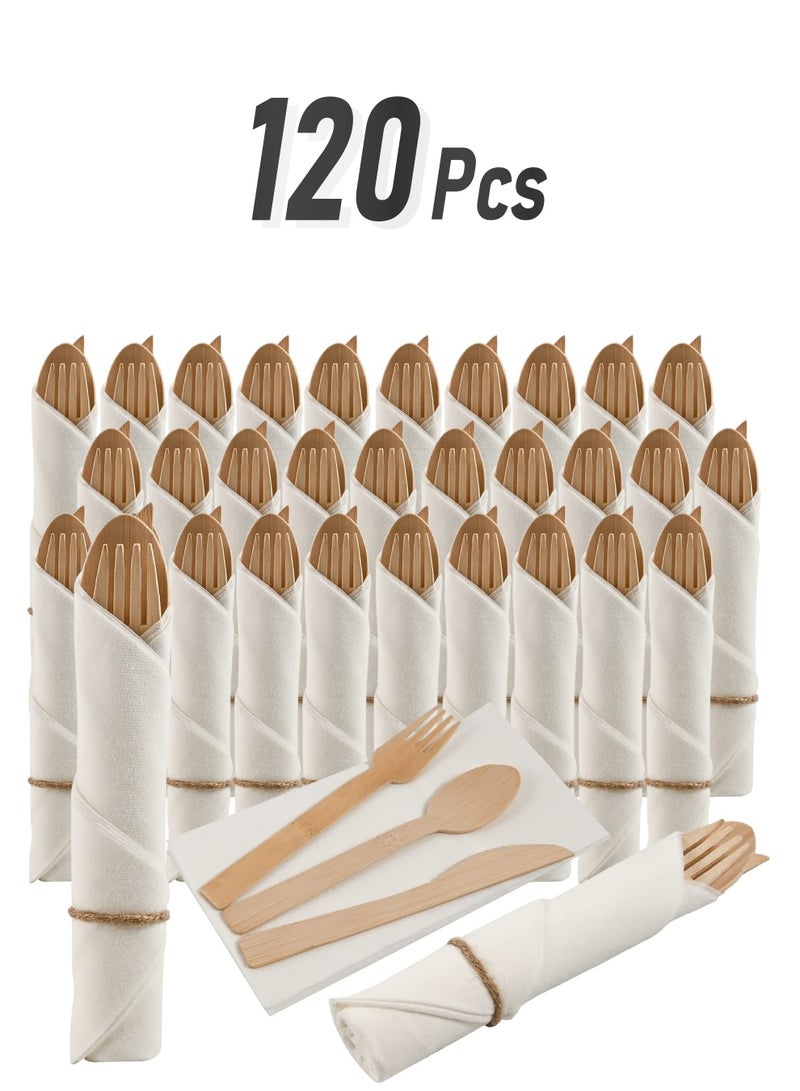 SOLARAE Pre Rolled Napkin and Bamboo Cutlery Set - 30Pack Bamboo Utensils/Cutlery Set(30 Forks, 30 Knives, 30 Spoons, 30 Napkins), Biodegradable Wrapped Cutlery for Party, Banquet, Wedding - Image 1