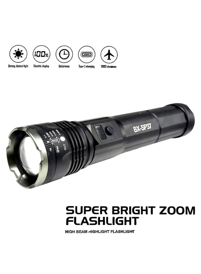 كشاف LED يدوي قابل للشحن BX-SP37 بإضاءة قوية واعتمادية  وزوم + شاشة نسبة البطارية + Type-C وباور بانك - للرحلات والطوارئ والاستخدام اليومي - Image 1