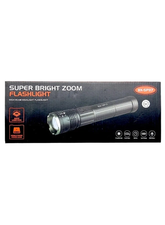 كشاف LED يدوي قابل للشحن BX-SP37 بإضاءة قوية واعتمادية  وزوم + شاشة نسبة البطارية + Type-C وباور بانك - للرحلات والطوارئ والاستخدام اليومي - Image 2