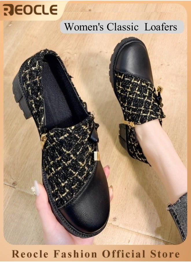 REOCLE Women's Wedge Loafers Classic Round Toe Slip On Oxfords Shoes Comfort Casual Shoes with Bow Decoration Design & Plaid Design & Lug Sole  - Image 1