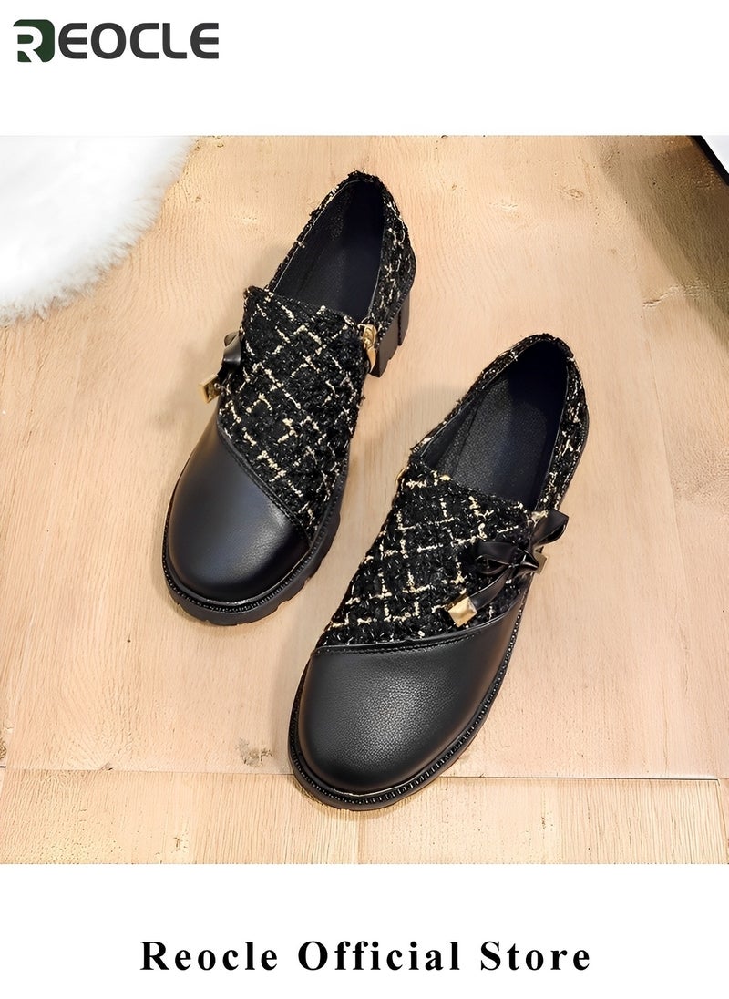 REOCLE Women's Wedge Loafers Classic Round Toe Slip On Oxfords Shoes Comfort Casual Shoes with Bow Decoration Design & Plaid Design & Lug Sole  - Image 2