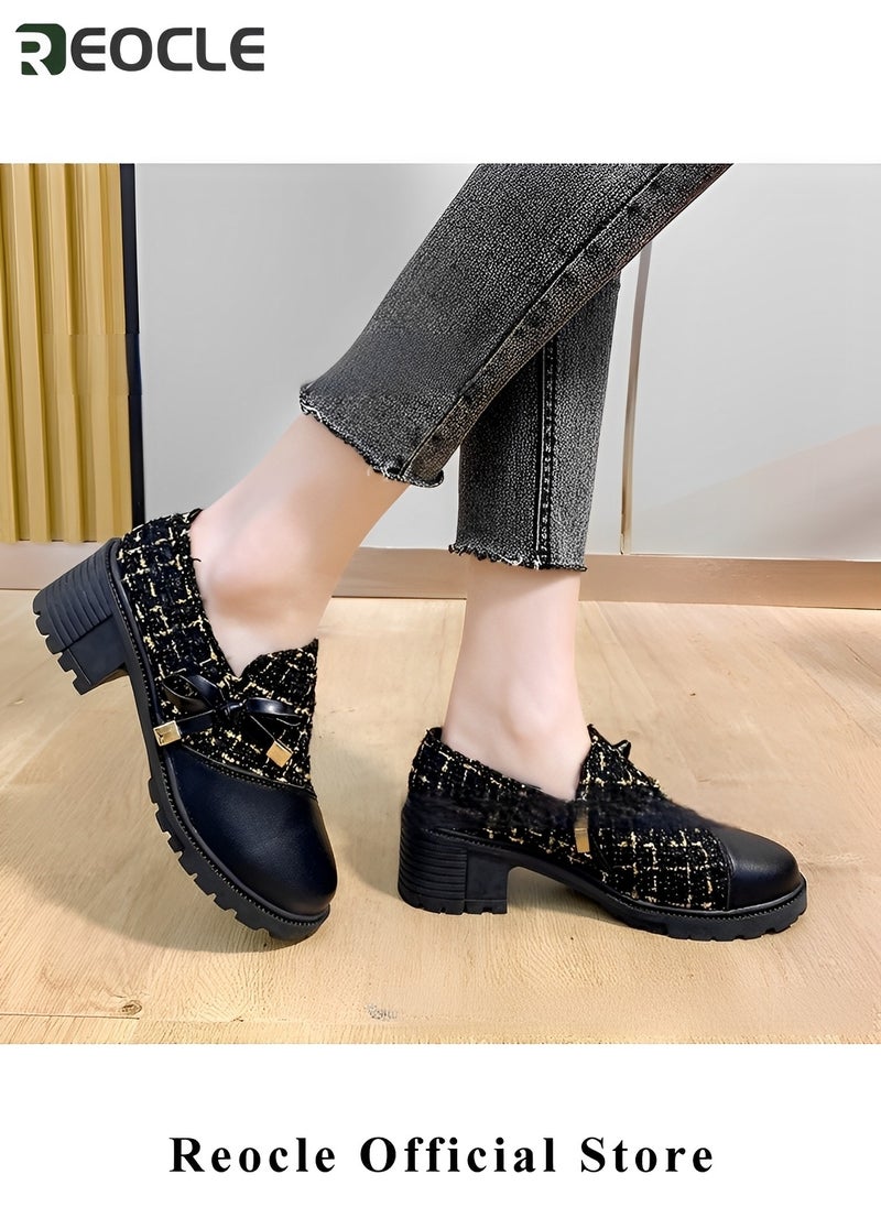 REOCLE Women's Wedge Loafers Classic Round Toe Slip On Oxfords Shoes Comfort Casual Shoes with Bow Decoration Design & Plaid Design & Lug Sole  - Image 3