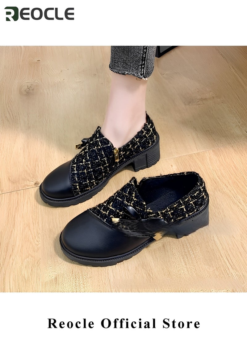 REOCLE Women's Wedge Loafers Classic Round Toe Slip On Oxfords Shoes Comfort Casual Shoes with Bow Decoration Design & Plaid Design & Lug Sole  - Image 4