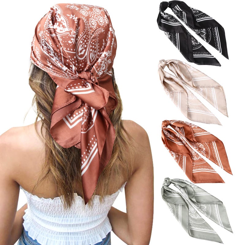 CHLINS 27 Inches Silk Feeling Square Head Scarf - 4 Pcs Satin Square Head Scarves for Women Hair Bandanas (Black+Camel+Light green+Brown) - Image 1
