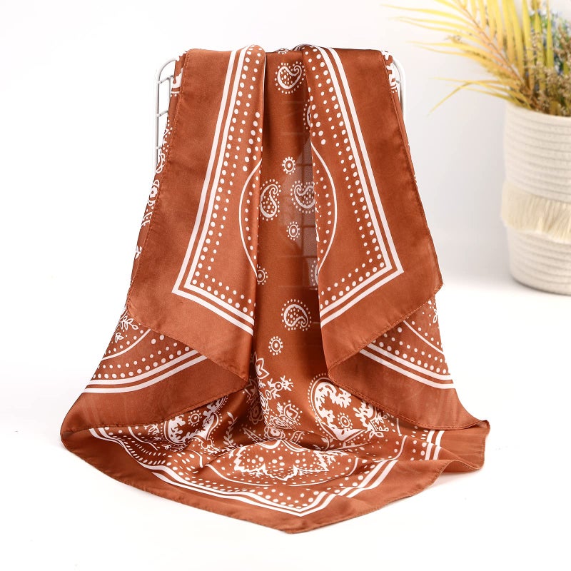 CHLINS 27 Inches Silk Feeling Square Head Scarf - 4 Pcs Satin Square Head Scarves for Women Hair Bandanas (Black+Camel+Light green+Brown) - Image 5