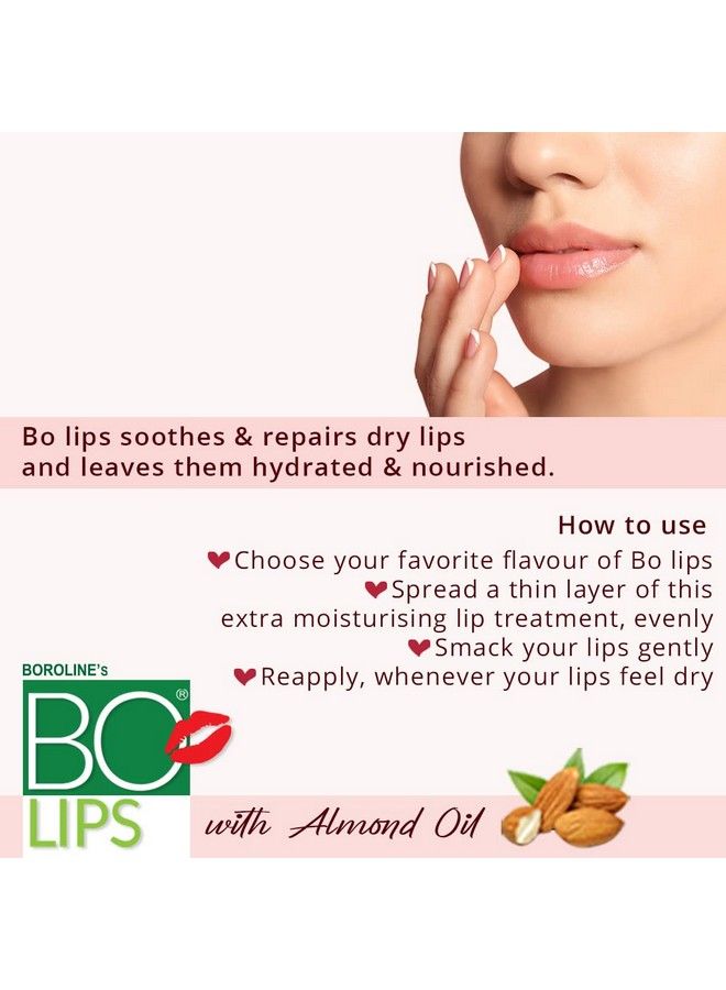 BOROLINE Bo Lips Flavoured Lip Balm ; Strawberry Flavoured Natural Lip Care (10 Gm X 3) ; With Natural Almond Oil ; Moisturize & Soften Dry & Chapped Lips ; Smoothens Lips (Pack Of 3) - Image 4