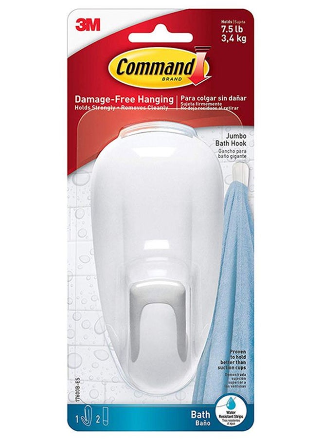 Command - Command 17600B-ES Bathroom Hook with Water-Resistant Strips, Large, Holds 3.4 Kg. each hook, white color. 1 hook and 2 strips/pack - Image 1