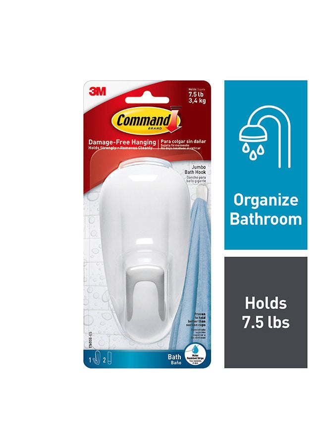 Command - Command 17600B-ES Bathroom Hook with Water-Resistant Strips, Large, Holds 3.4 Kg. each hook, white color. 1 hook and 2 strips/pack - Image 1