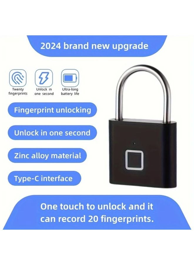 Upgraded Type C Rechargeable Fingerprint Padlock Stores 20 Fingerprints Silvery Zinc Alloy - Image 3