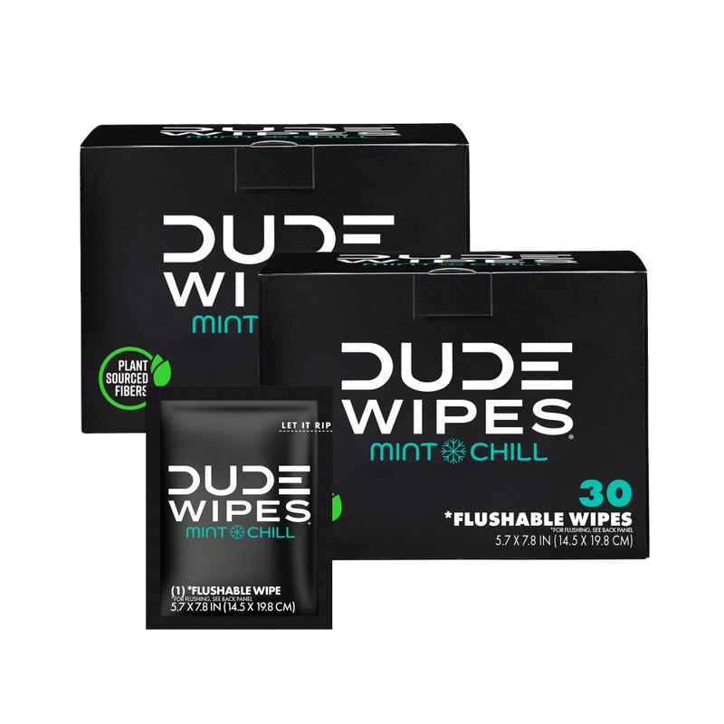 DUDE Wipes - On-The-Go Flushable Wipes - 2 Pack, 60 Wipes - Mint Chill Extra-Large Individually Wrapped Adult Wet Wipes with Eucalyptus & Tea Tree Oil - Septic and Sewer Safe - Image 1