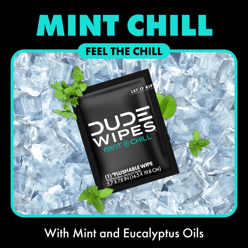 DUDE Wipes - On-The-Go Flushable Wipes - 2 Pack, 60 Wipes - Mint Chill Extra-Large Individually Wrapped Adult Wet Wipes with Eucalyptus & Tea Tree Oil - Septic and Sewer Safe - Image 4