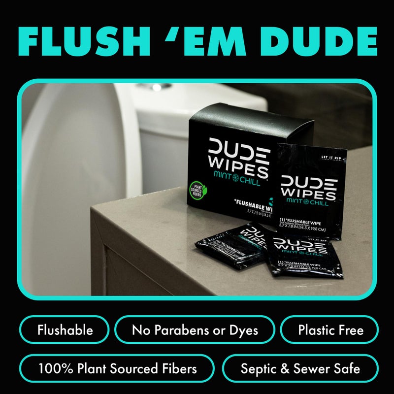 DUDE Wipes - On-The-Go Flushable Wipes - 2 Pack, 60 Wipes - Mint Chill Extra-Large Individually Wrapped Adult Wet Wipes with Eucalyptus & Tea Tree Oil - Septic and Sewer Safe - Image 3