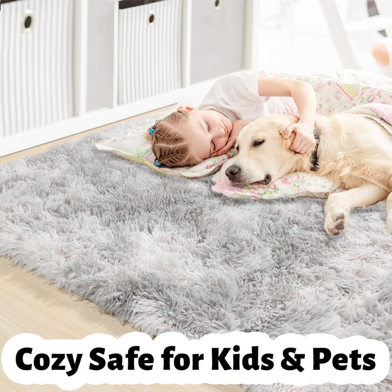 Amdrebio Tie-Dyed Light Grey Large Living Room Rugs 6x9, Furry Shag Area Rug for Bedroom, Big Soft Fluffy Rug for Kids Room Decor, Modern Fuzzy Shaggy Carpet, Plush Floor Rug for Classroom - Image 2