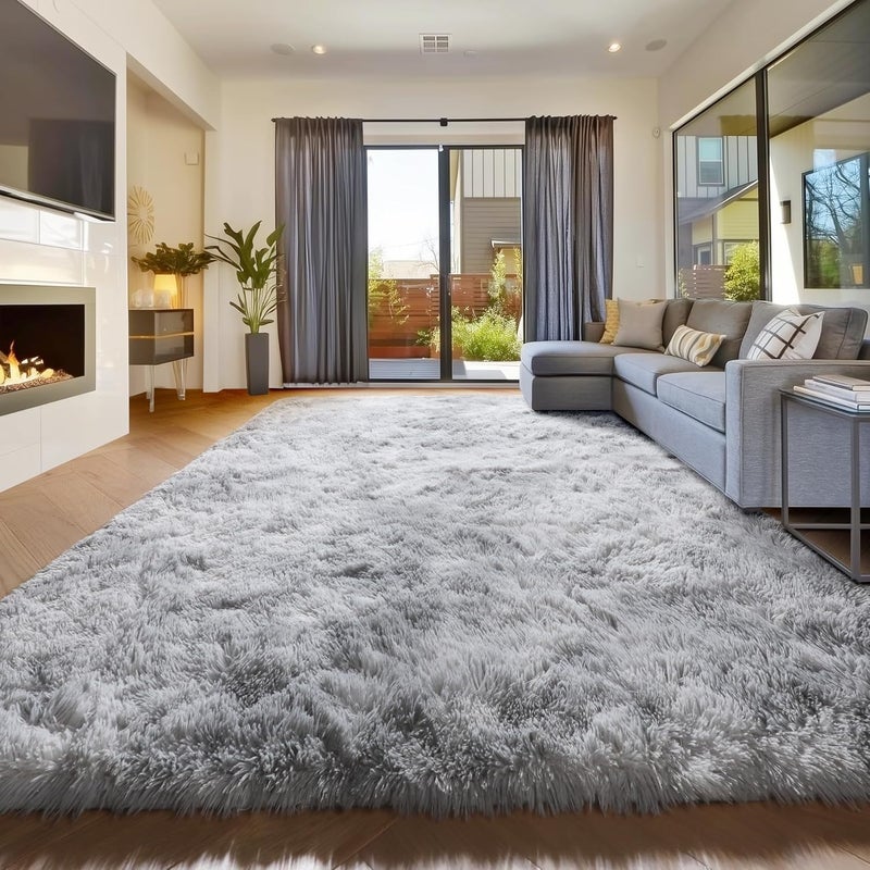 Amdrebio Tie-Dyed Light Grey Large Living Room Rugs 6x9, Furry Shag Area Rug for Bedroom, Big Soft Fluffy Rug for Kids Room Decor, Modern Fuzzy Shaggy Carpet, Plush Floor Rug for Classroom - Image 1