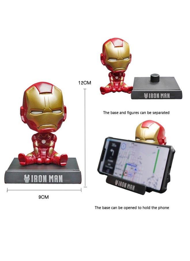 آيرون مان الرجل الحديدي Bobblehead مع قاعدة، تماثيل بوليريسين ممتازة، زخرفة سيارة كرتونية إبداعية للبطل مع حامل هاتف محمول 9*12 سم  - Image 2