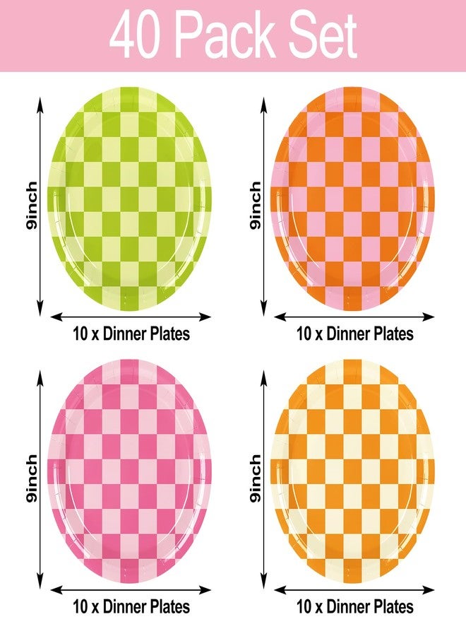JarThenaAMCS 40Pcs Checkered Paper Plates Pink Green Orange Plaid Disposable Plates 9 Inch Retro Groovy Dinner Dessert Plates for Bachelorette Birthday Preppy Party, 4 Colors - Image 2