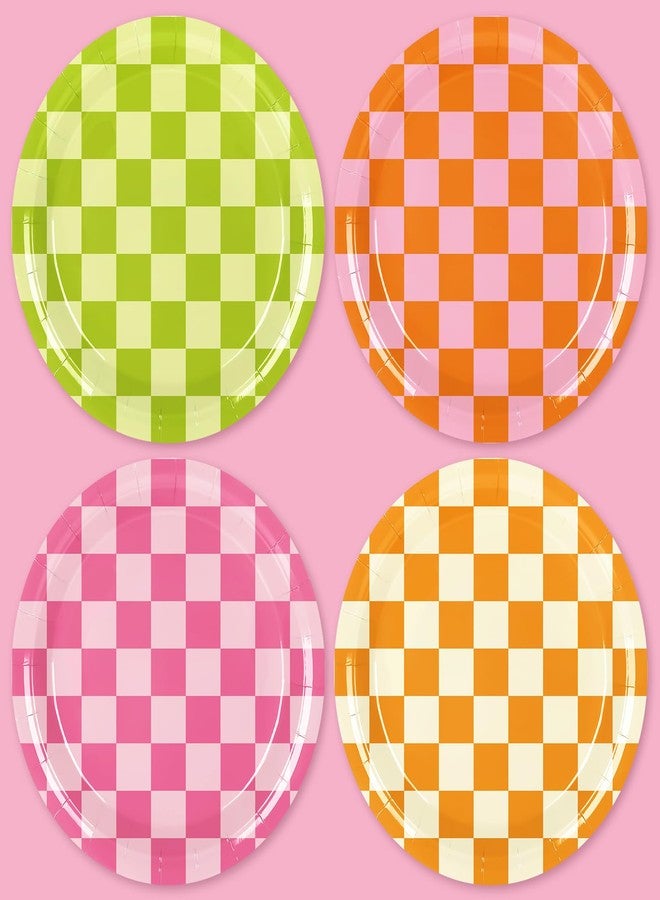 JarThenaAMCS 40Pcs Checkered Paper Plates Pink Green Orange Plaid Disposable Plates 9 Inch Retro Groovy Dinner Dessert Plates for Bachelorette Birthday Preppy Party, 4 Colors - Image 1