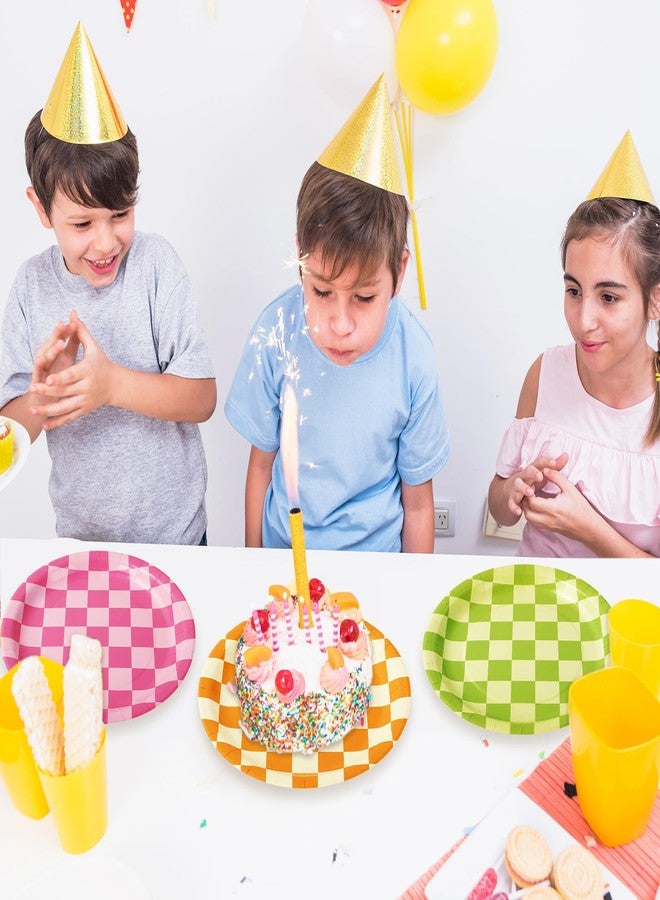 JarThenaAMCS 40Pcs Checkered Paper Plates Pink Green Orange Plaid Disposable Plates 9 Inch Retro Groovy Dinner Dessert Plates for Bachelorette Birthday Preppy Party, 4 Colors - Image 4