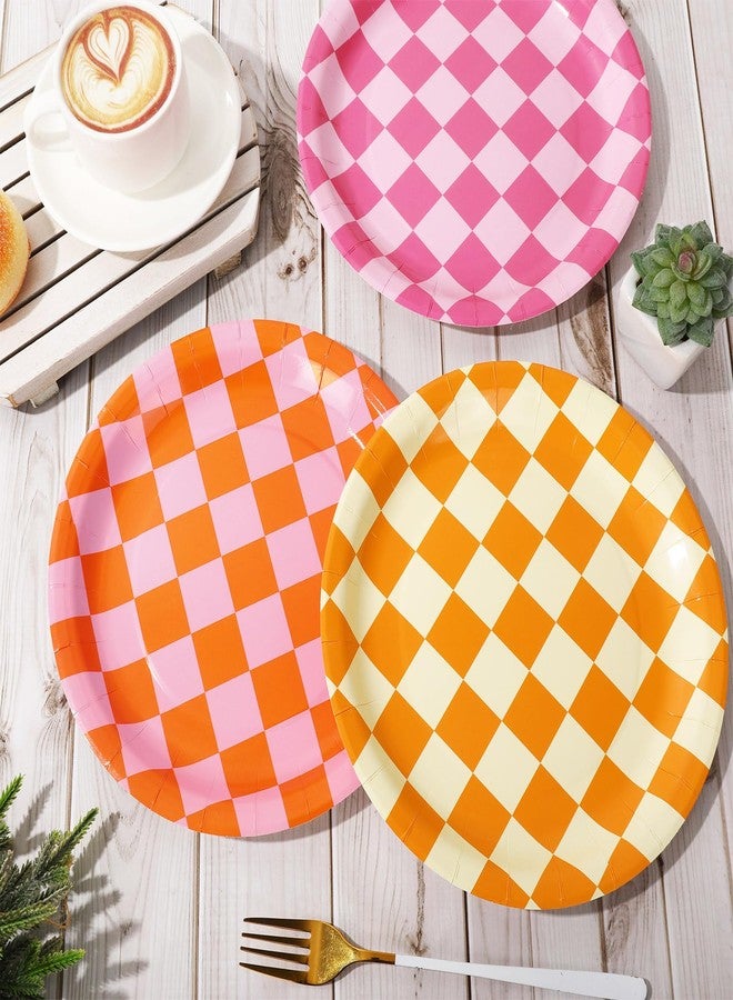 JarThenaAMCS 40Pcs Checkered Paper Plates Pink Green Orange Plaid Disposable Plates 9 Inch Retro Groovy Dinner Dessert Plates for Bachelorette Birthday Preppy Party, 4 Colors - Image 5