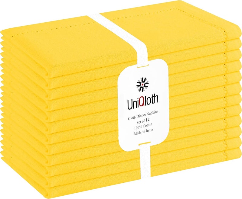 UniQloth Set of 12 Hemstitch Cloth Dinner Napkins Cotton  Soft Durable Washable Reusable  Ideal for Farmhouse Parties Weddings Holidays Hotel Restaurant Daily Use Table Dinner Napkins 18x18 Yellow - Image 1