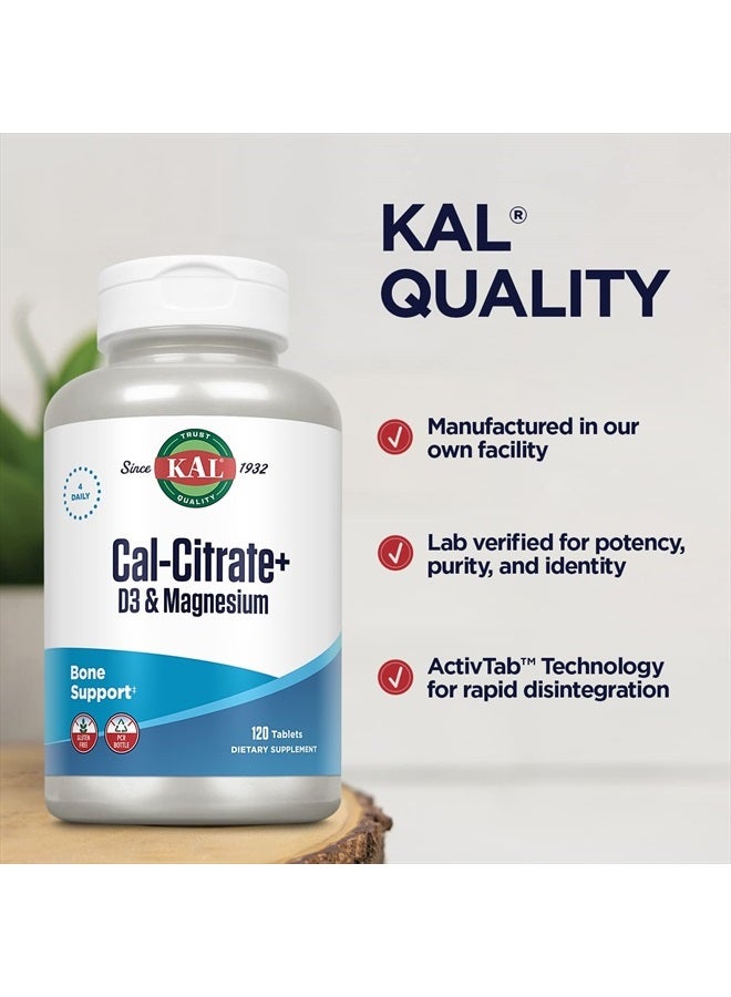 KAL Cal-Citrate+, Calcium Citrate Plus Vitamin D-3 and 500 mg of Magnesium, Healthy Bones and Teeth Support, Gluten Free and Lab Verified for Quality, 30 Servings, 120 Tablets - Image 4