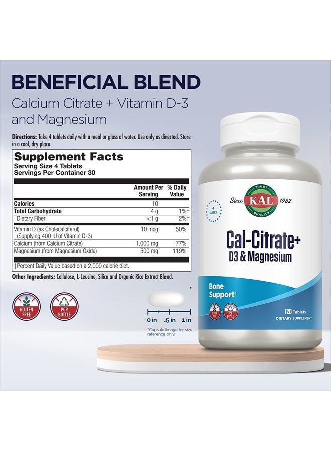KAL Cal-Citrate+, Calcium Citrate Plus Vitamin D-3 and 500 mg of Magnesium, Healthy Bones and Teeth Support, Gluten Free and Lab Verified for Quality, 30 Servings, 120 Tablets - Image 2