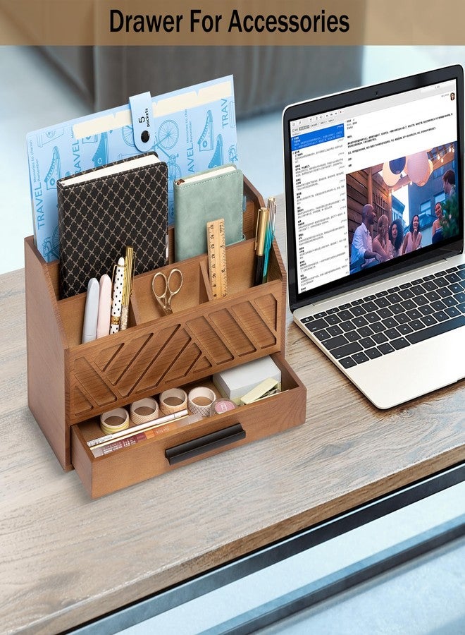 dreampossible Brown Wood Desk Organizer and Accessories with Drawer, Bill Mail Organizer and File Mail Holder for Office Supplies, Modern Desk Accessories & Workspace Organizers for Desk Organization - Image 3